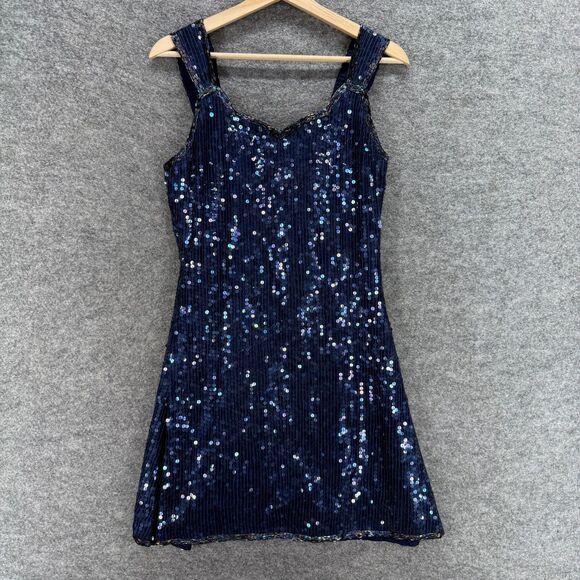 Expresssions Dress Women 10 Blue Sequin Sheath Short Zipper Lined Silk V-Neck - Picture 1 of 7